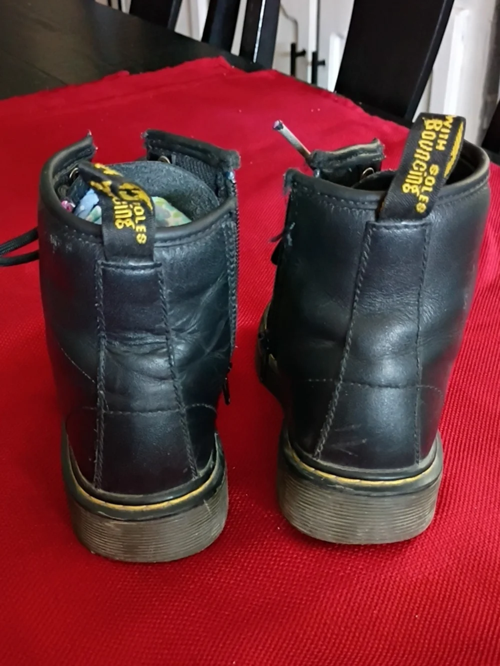 Dr. Martens Black Leather Lace-Up Ankle Boots with Yellow Stitching For Kids